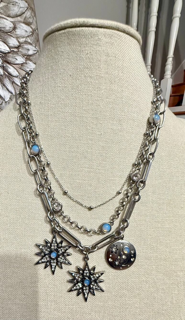 NWT Macy’s Celestial Starburst Moon Silver Tone Layered Necklace 16” + 3”